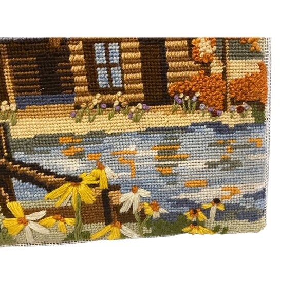 Vintage Finished Crewel Cabin in the Meadow Handmade Sunset Designs Fall Leaves - Picture 4 of 8